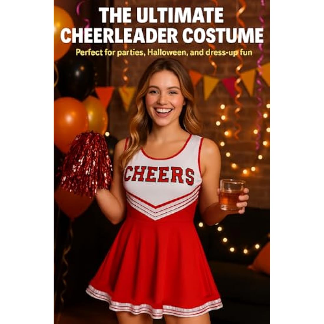 Cheerleader Fancy Dress Outfit Uniform High School Costume With Pom Poms Black And Purple Cheerleader, Small
