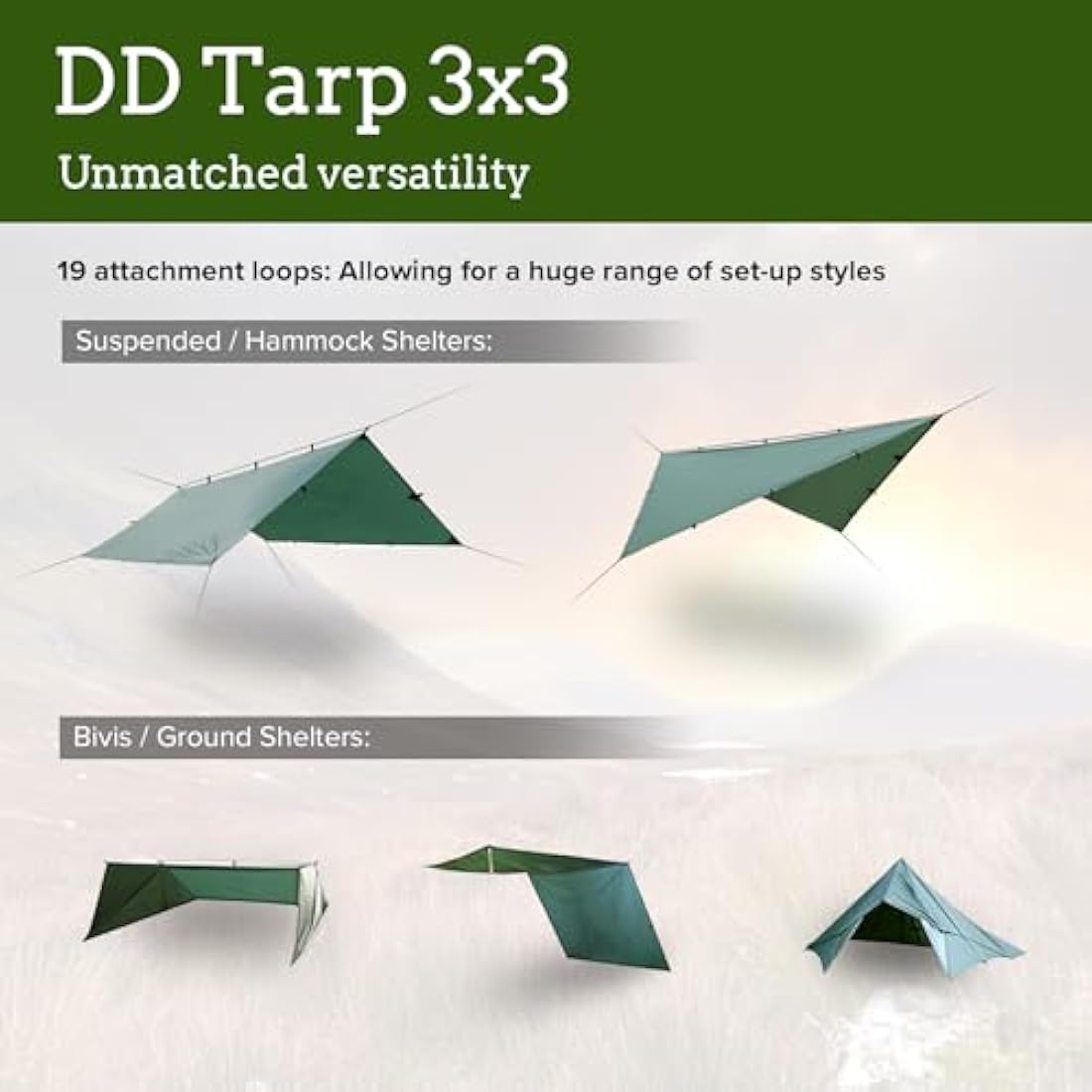 DD Hammocks - DD Tarp 3x3 - Olive Green - Lightweight, 100% Waterproof Tough Shelter with Pegs & Guy Lines for Camping Bushcraft & Hiking