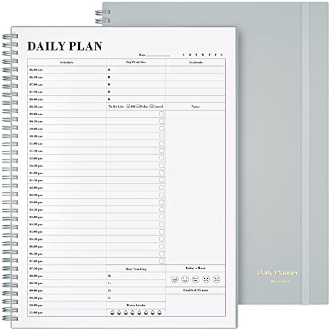 Planner Undated, Asten Daily Planner Agenda with to Do List, Hourly Schedules for Women and Men, Spiral Appointment Book with Elastic Closure, Inner Pocket 21.6 x 28cm (Gray)