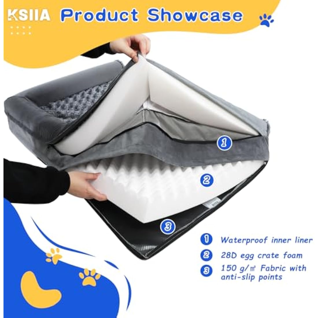 KSIIA Large Dog Bed, Orthopedic Dog Sofa Beds Couch with Removable Washable Cover, Waterproof Pet Sofa with U-Shape Bolster, Grey 88.9x55.88x16cm