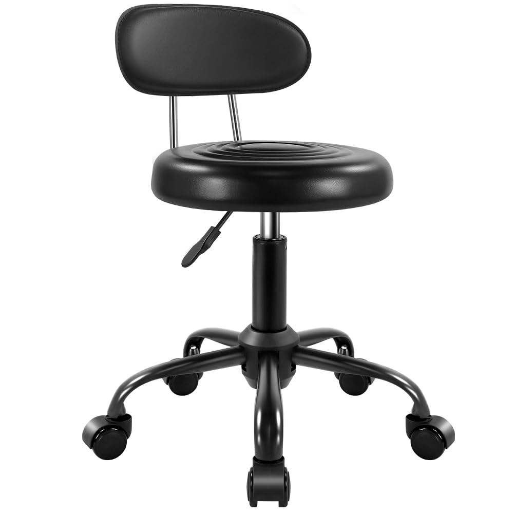 WKWKER Rolling Stool with Wheels Swivel Stool with Back Height Adjustable Chair PU Leather Rolling stools Ideal for SPA Salon Home Office Drafting