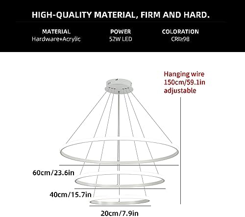 Led Chandeliers Ceiling Light,Dimmable 3 Ring Acrylic Chandelier Lighting Fixture,White Adjustable Pendant Light for Kitchen Island Dining Room Living Room Foyer Hanging 20+40+60Cm/(7.87+15.7+23.6)