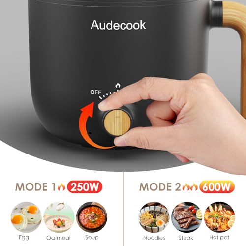 Audecook Electric Hot Pot with Steamer, 1.5L Portable Non-Stick Mini Multifunctional Cooker, Travel Electric Skillet with Dual Power Control for Ramen