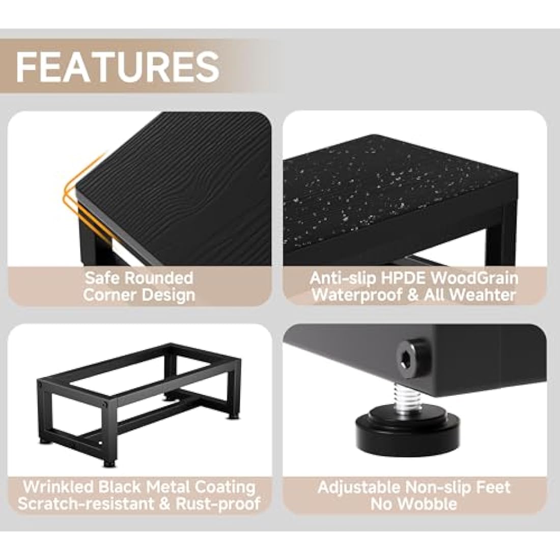 Step Stool for Adults and Kids, Heavy Duty Waterproof HDPE Foot Stool, Non-Slip Footrest with Adjustable Feet, Sturdy Metal Frame for Kitchen, Bathroom, Bedroom, RV, Outdoor