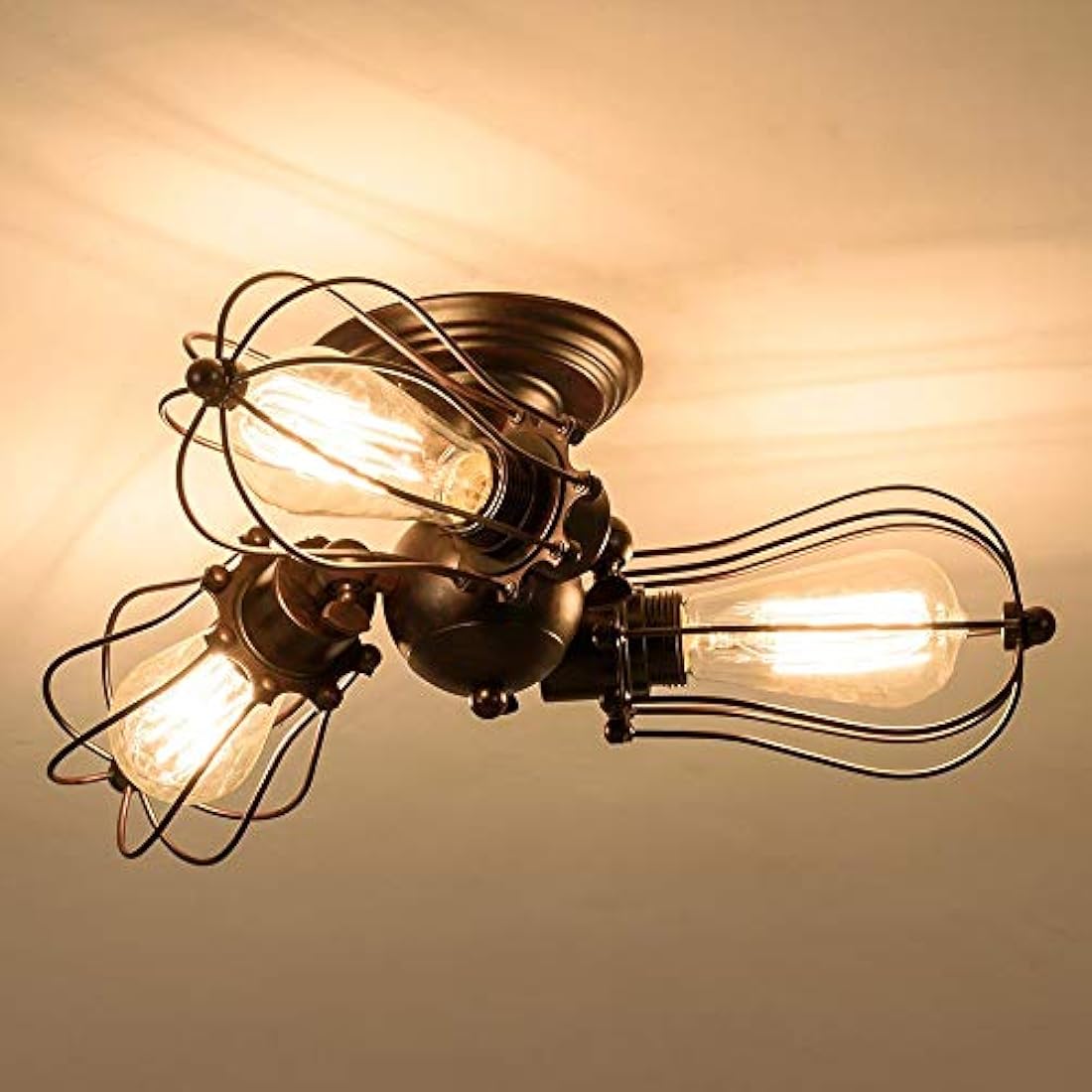 Vintage Adjustable Socket Industrial Ceiling Light Metal Cage Lamp Semi Flush Mount Metal Cage Lamp Rustic Metal Ceiling Light (No Bulb) (with 3 Bulbs) (Rust)