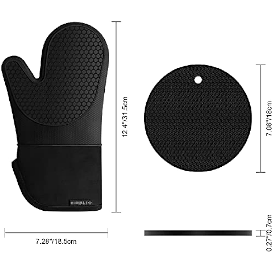 Philorn Silicone Glove Waterproof Heat Resistant Oven Mitts Non-slip with 2 Insulation Pads Long Cotton Cuffs BBQ Baking Smoking Potholders (Black)