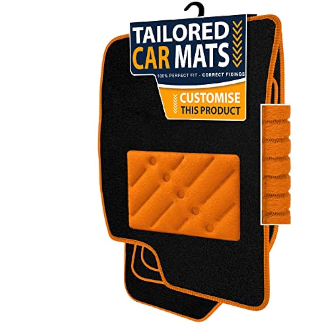 Car Mats FOR Jaguar E-PACE 2017-2021 Black Carpet + Orange Ribbed Trim + Orange Rectangle Heel Pad [SAPP-2226]