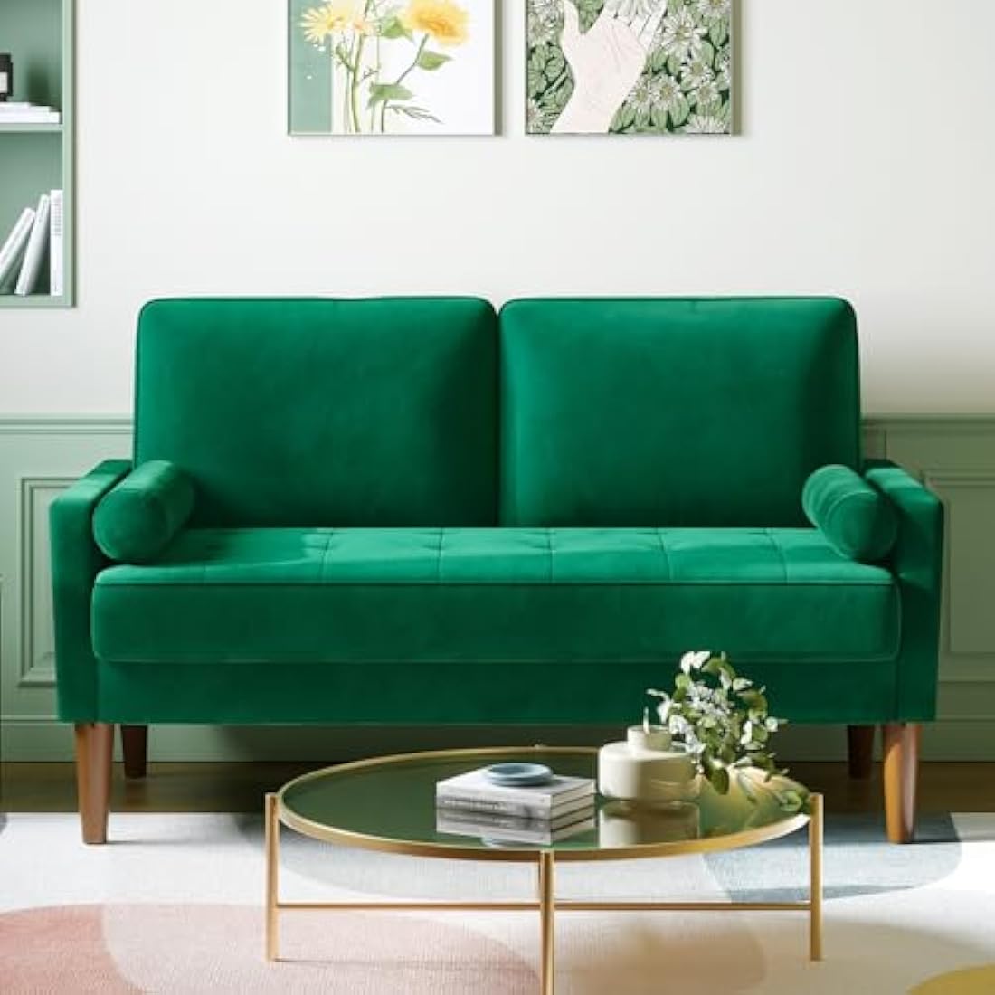 Vesgantti Small 2 Seater Sofa Green, Comfy Couch with Spring Cushion, Velvet Sofa with Wood Legs, Modern Love Seat Sofa 2 Seater for Living Room, Small Couch for Bedroom, Green Office Couch