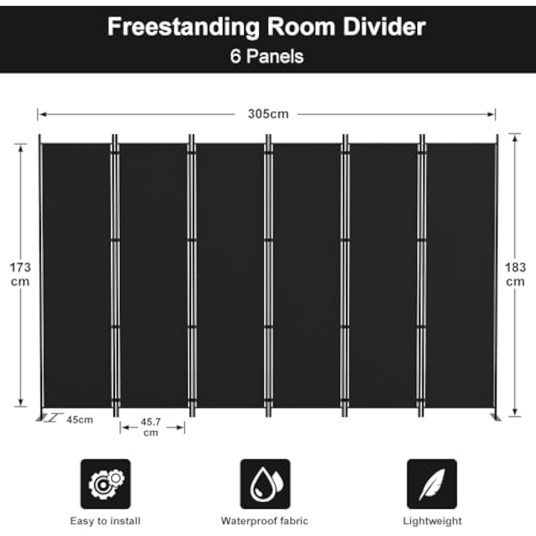 Kokorona 6 Panel Room Divider, 6FT Tall Folding Privacy Screen Wall Dividers, Portable Privacy Screen Freestanding Room Divider for Room Separation, Included-Cover Strips, Black, W 305 x H 183 cm
