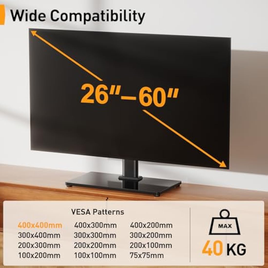 Universal Swivel TV Stand - Table Top TV Stand for 32-60 inch LCD LED TVs - Height Adjustable TV Base Stand with Tempered Glass Base & Wire Management, Holds 40 KG & Max.VESA 400x400mm