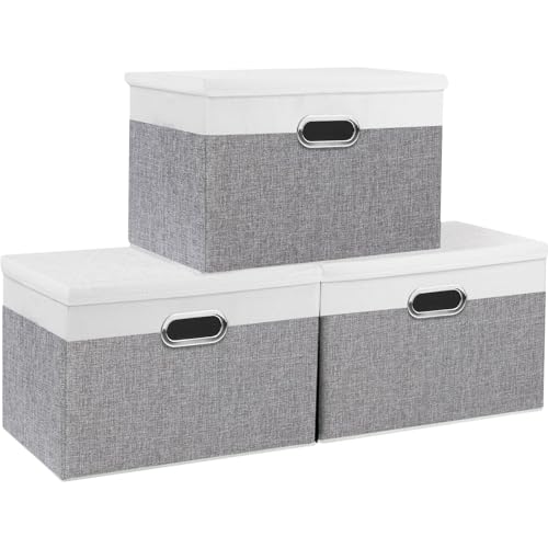 Yawinhe Large Storage Box with Lid 3 Pack, Collapsible Cubes Baskets, for Cupboards, Wardrobe, Shelves, 44x30x30cm, White/Grey, SNK023WGX-3