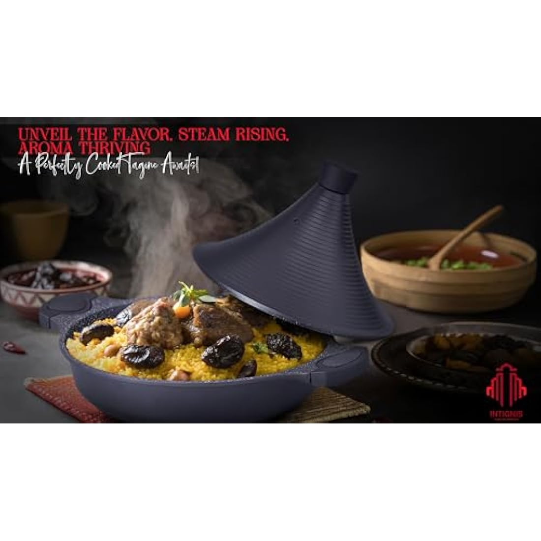 INTIGNIS® Tagine Cooking Pot | 28cm / 4.1 L | Large Casserole Dish | Nonstick Chemical Free Coating | Compatible with all Hobs | Traditional Moroccan Tender Slow Cook Tajin Pan (Black)