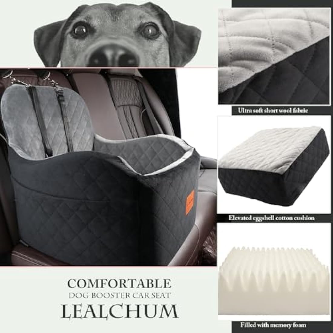 Lealchum Dog Booster Car Seat for Small/Medium Dogs,Puppy Portable Seat for Car with Elevated Cushion,Fully Detachable and Washable Pet Seat with Storage Pockets,Easy to Install (Black/Grey, Medium)