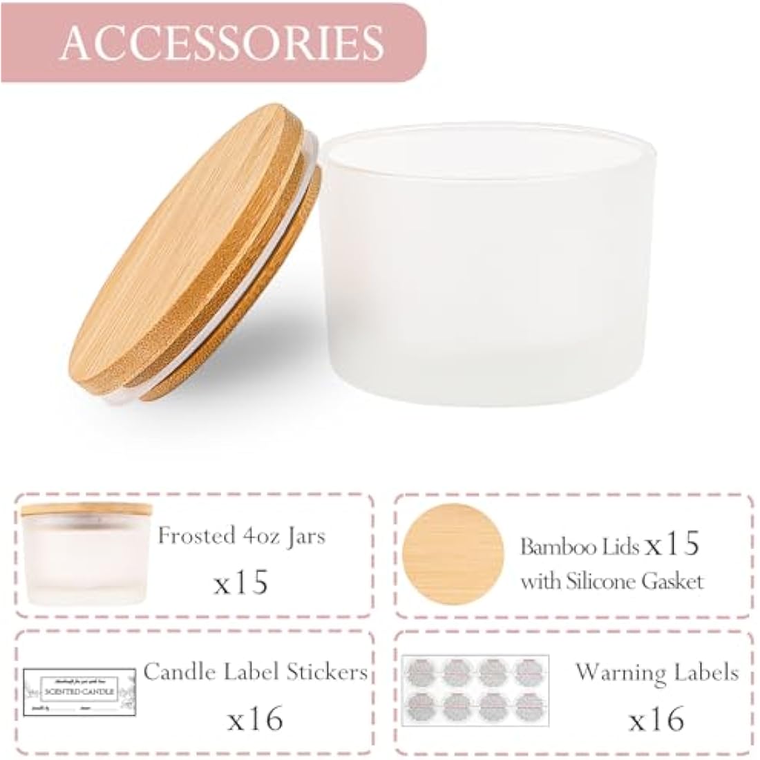 CONNOO 15 Pack 4 OZ Frosted Glass Candle Jars with Airtight Bamboo Lids, Bulk Small Wide Mouth Empty Candle Containers with Sticky Warning Labels - Dishwasher Safe