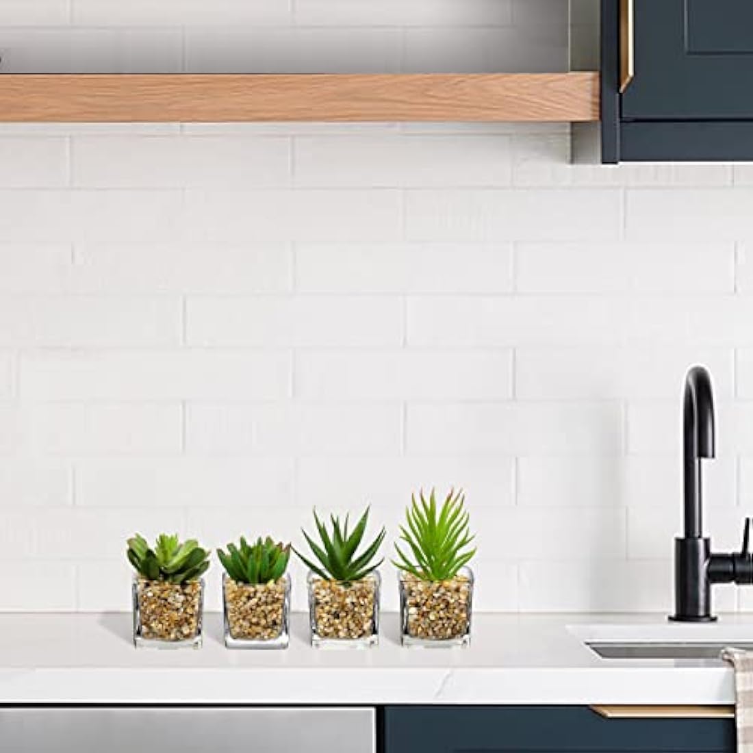 Briful Artificial Succulents Fake Succulent Plants, Set of 4 Small Fake Plants in Square Glass Pots Artificial Indoor Plants for Bathroom Bedroom Kitchen Home Decor