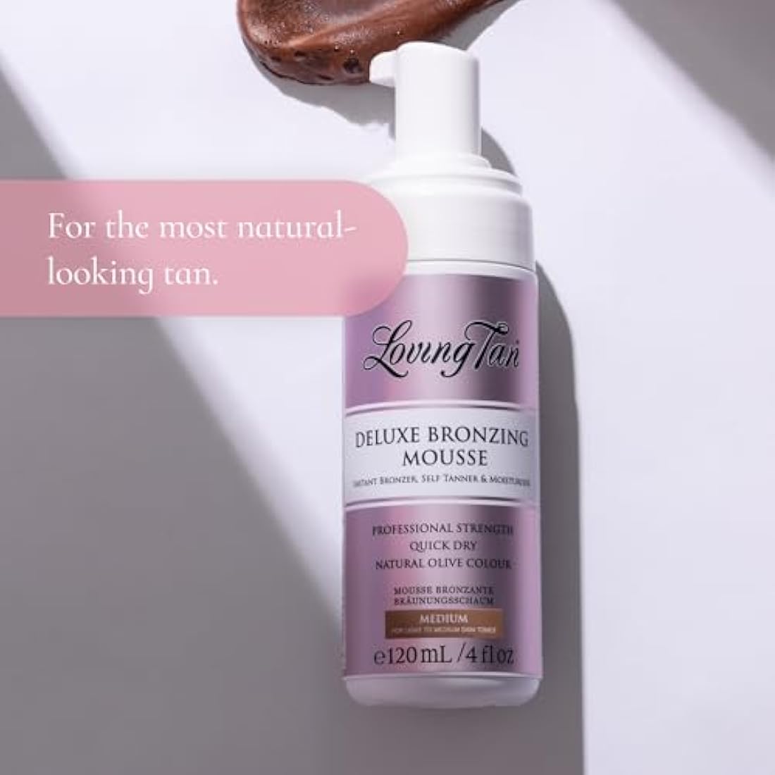 Loving Tan Deluxe Bronzing Mousse, Medium - Streak Free, Natural looking, Professional Strength Sunless Tanner - Up to 5 Self Tan Applications per Bottle, Cruelty Free, Naturally Derived DHA - 120ml