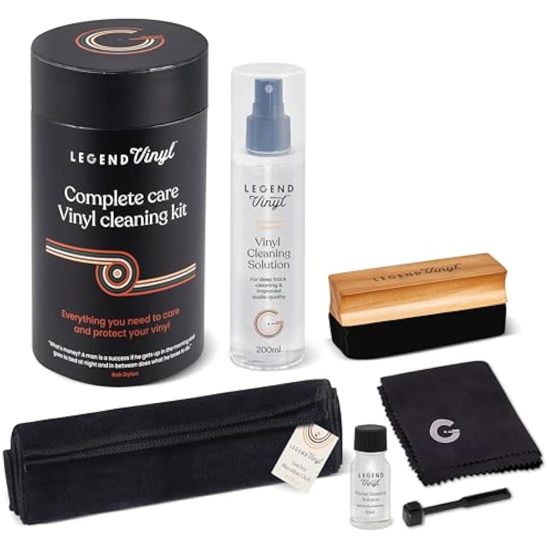 Legend Vinyl Complete Care Vinyl Cleaning Kit - 200ml Cleaning Solution, 2 Large Microfiber Cloths, Wooden Handle Dust Brush, Carbon Fibre Stylus Brush & Fluid for Record Cleaning