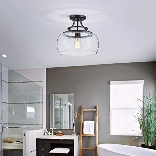 WUZUPS Chandelier Rustic Farmhouse Industrial Round Semi-flushmount Ceiling LED Light Fixture with Clear Glass Shades for Bathroom Kitchen Foyer Entryway, H 30 x W 34, E27 Base, Black