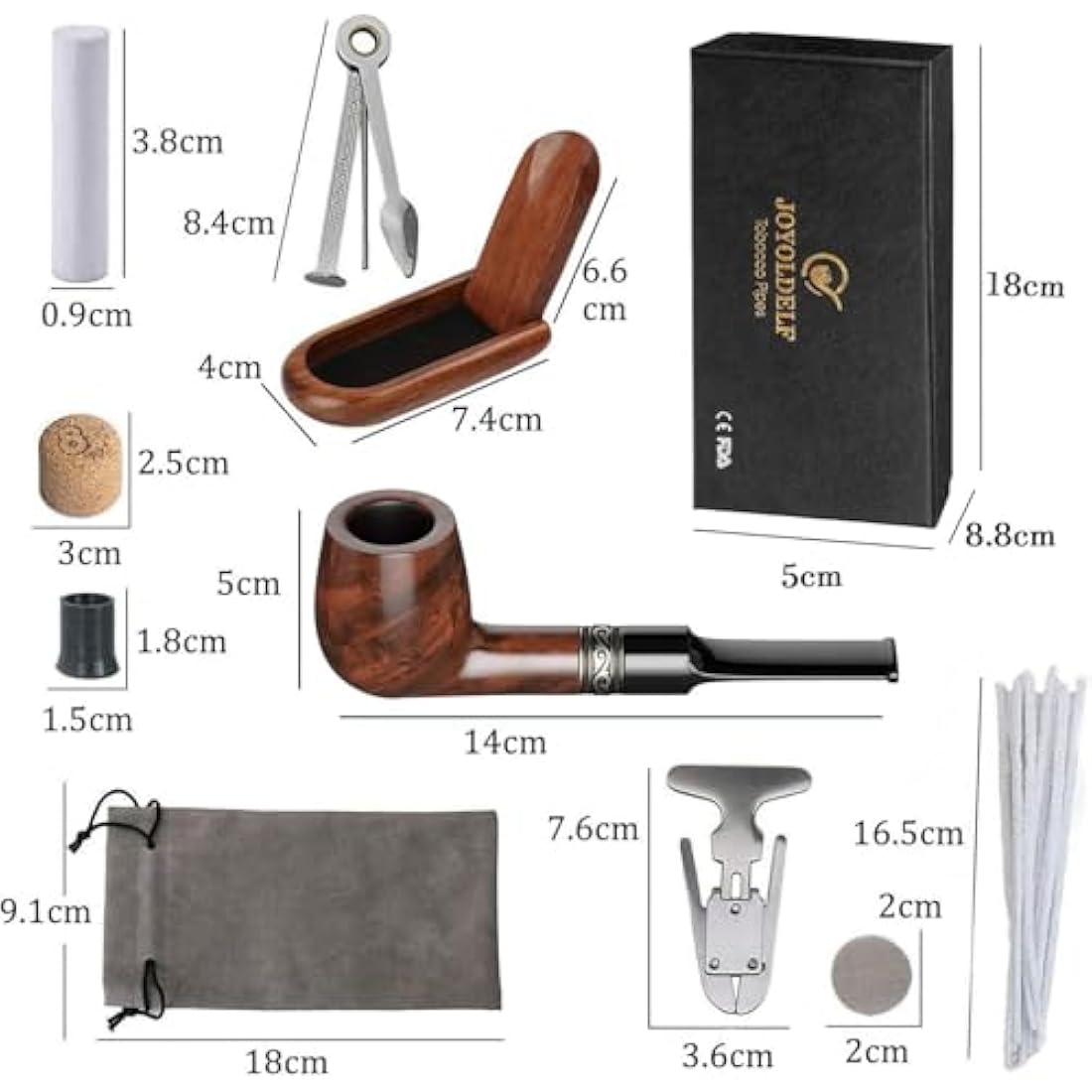 Joyoldelf Tobacco Pipe Straight Smoker, Rosewood Smoking Pipe Set Including Foldable Pipe Stand, 3-in-1 Pipe Scraper, Pipe Filters and Other Pipe Accessories