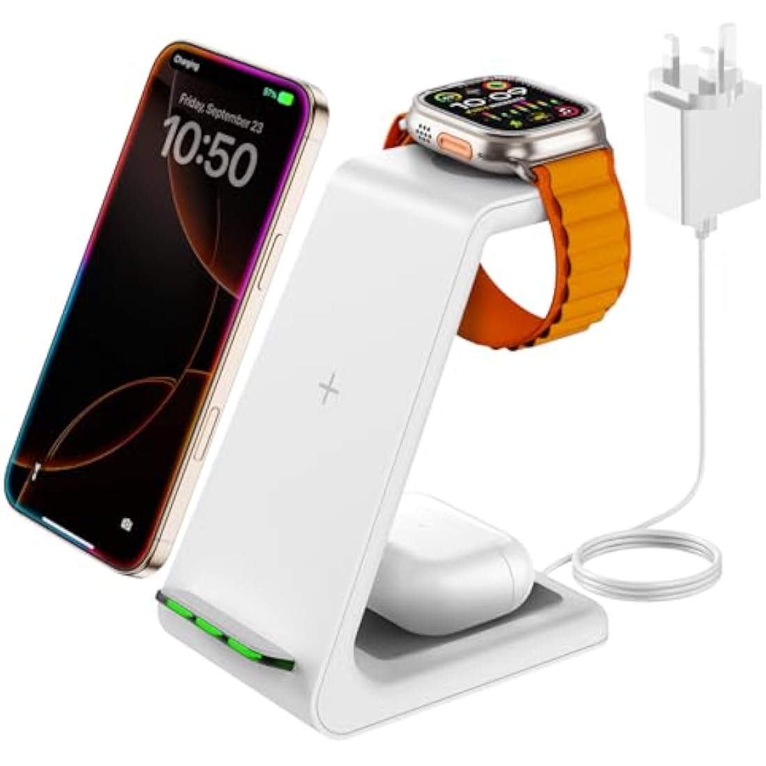 GEEKERA Wireless Charger, 3 in 1 Wireless Charging Station for iPhone 16/15/14/13/12/11/Pro Max/X/8, Phone and Watch Charger Stand for Apple Watch Ultra/10/9/8/7/6/5/4/3/2/SE, AirPods Pro/4/3/2-White