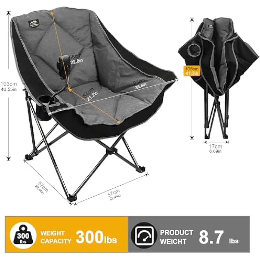 LANMOUNTAIN Oversized Folding Camping Chairs,Portable Heavy Duty Outdoor Padded Lawn Chair w/Phone Holder,Cup Holder Perfect for Adults Picnic,Parties,Picnics and Beach Trips,Black