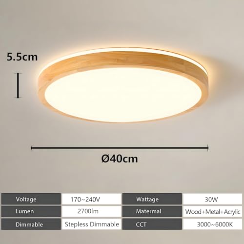 YYUTLUO LED Ceiling Light Wood, Top 360 Glow Round Natural Wooden Lamp | Dimmable with Remote Control 2700K-6500K, 30W | Living Room, Dining Room,