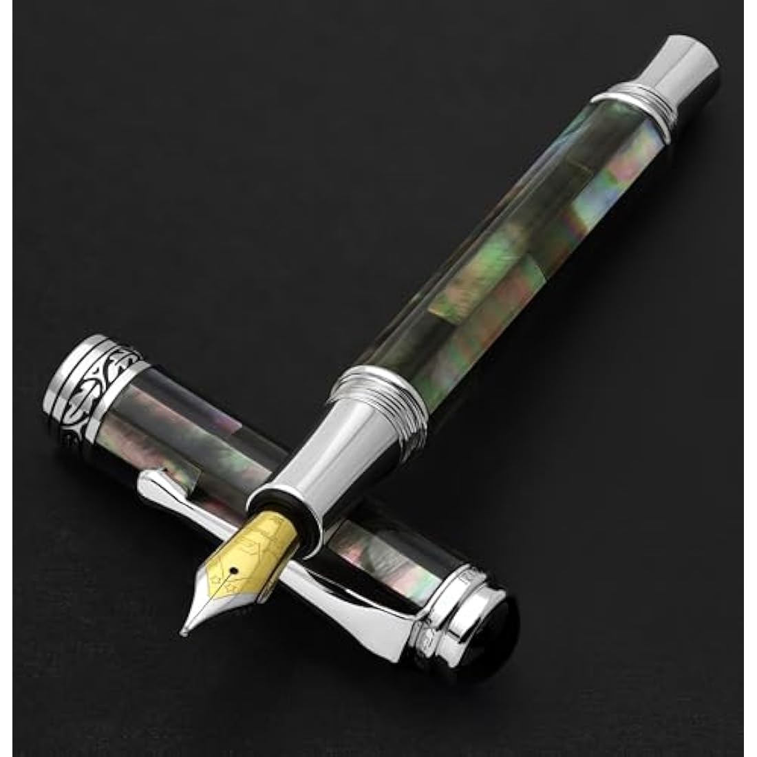 Xezo Maestro Fountain Pen, Medium Nib. Handcrafted with Black Mother of Pearl Inlay. Platinum Plated. Limited Edition, Serialized. No Two Alike