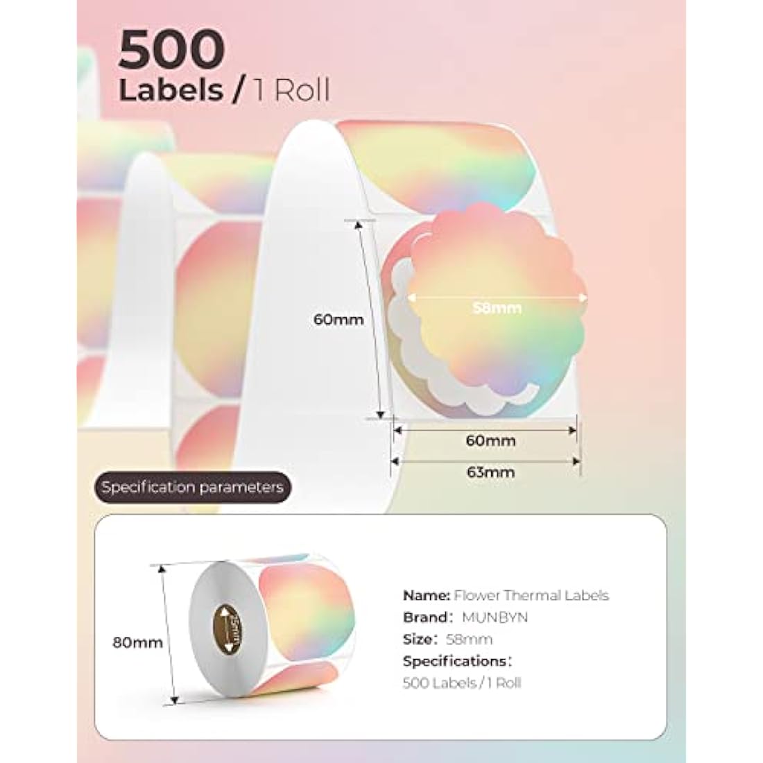 MUNBYN Flower Thermal Label Stickers, 58mm x 58mm Rainbow Colour Thermal Labels, Multi-Purpose Stickers for Business, DIY Logo Design, 500 Sheet/1 Roll