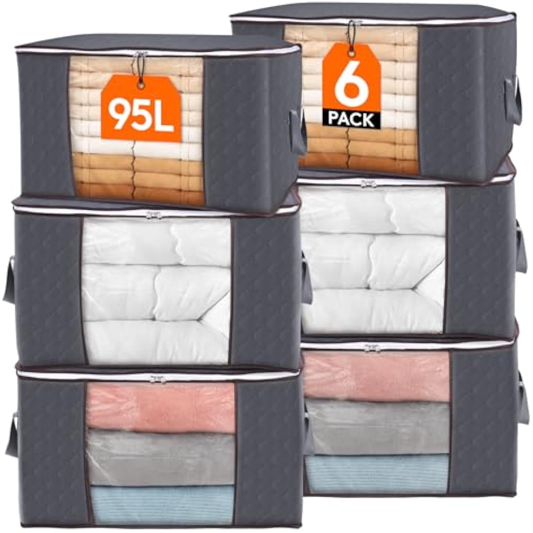 Lifewit 95L Clothes Storage Bags Large Storage Box With Lid Packing Boxes for Moving House With Reinforced Handle Thick Fabric Clear Window for Clothes Duvet Blankets Bedding, 6 Pack, Grey