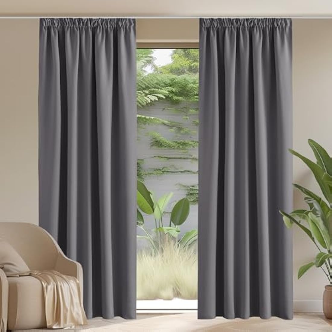PONY DANCE Extra Wide Curtains Pencil Pleat - Grey Thermal Curtains 90x90 Blackout Curtains for Living Room Room Divider Curtains Decoration Room Windows, Double Pieces, W90 X L90, Grey