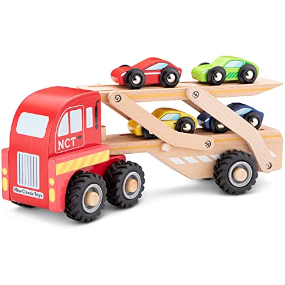 New Classic Toys - Wooden Car Transporter with 4 Vehicles - Montessori Toys, Car Game - Set of 1
