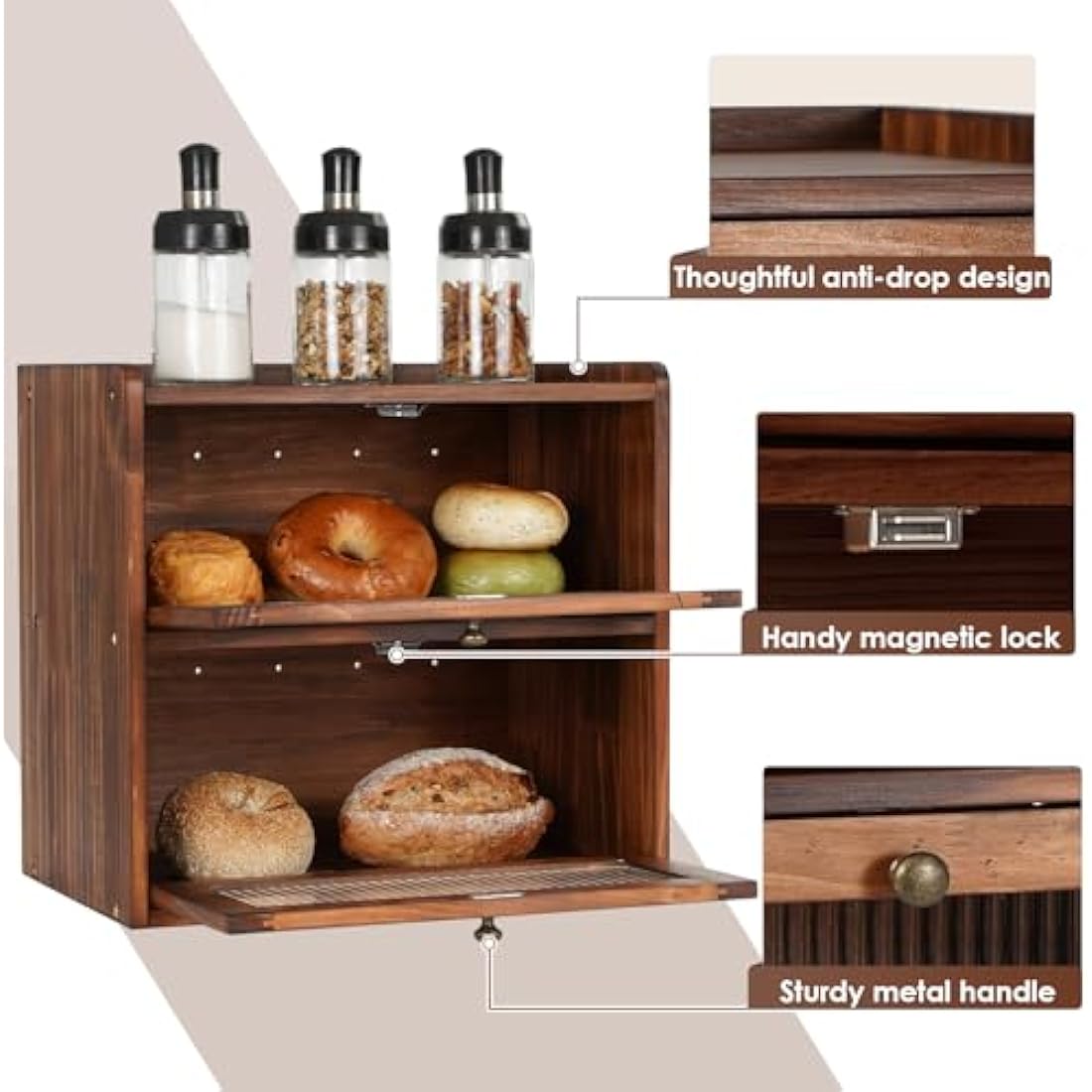 GUUSII HOME Bread Bin Wooden Breads Storage Box for Kitchen Countertop Double Decker Large food Container Homemade Front Opening Vintage Tall Fruit & Veg Cupboard Keep Fresh 36.5x24x34 cm(Brown, L)