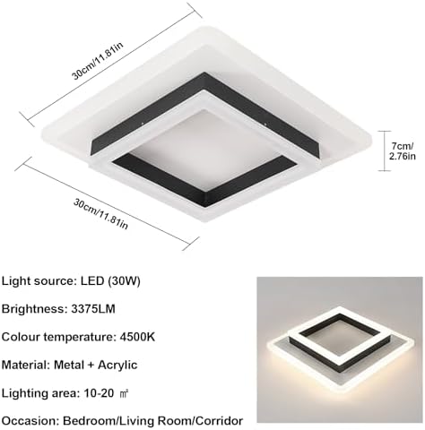 Comely Modern Square 30W 4500K LED Ceiling Light, 30x30x7cm, Black + White, 3300LM, Bedroom, Living Room, Dining etc.