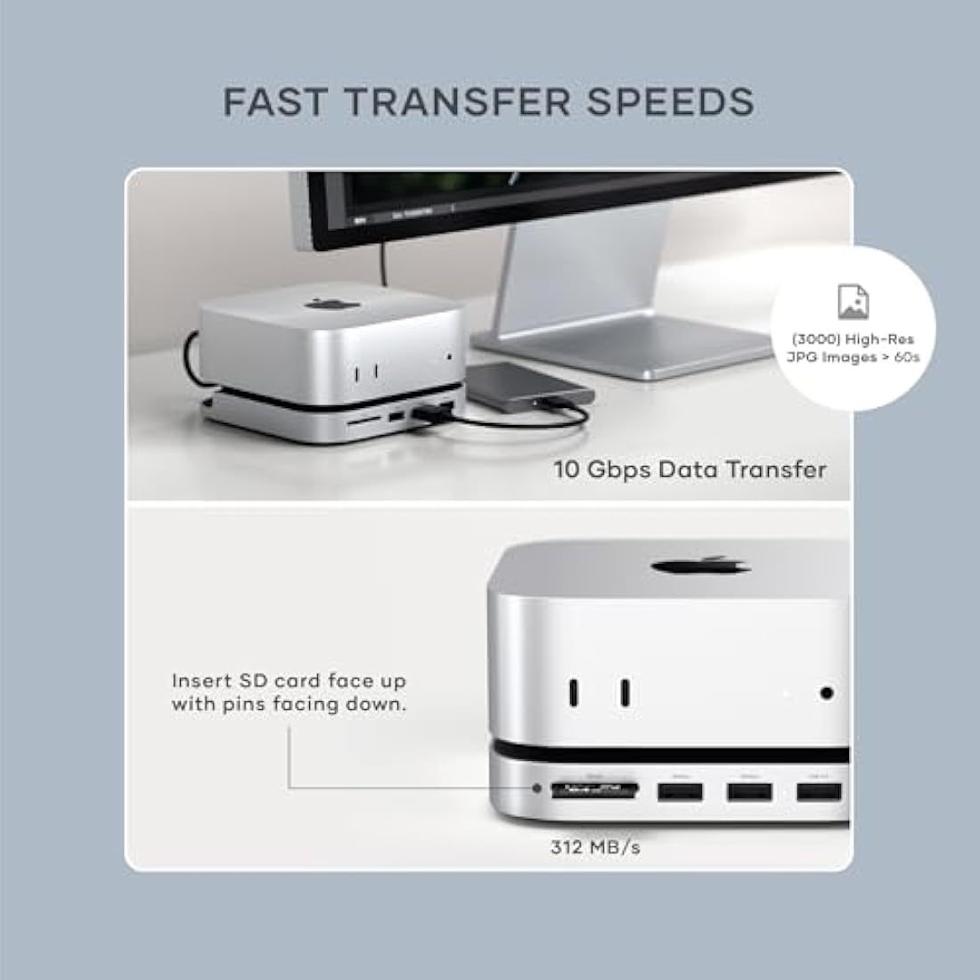SATECHI Mac Mini M4 Hub & Stand with NVMe SSD Enclosure, Dock with 2 USB-A Up to 10Gbps Ports, USB-A Data Port, SD Card Reader for Mac Mini M4, M4 Pro - Silver