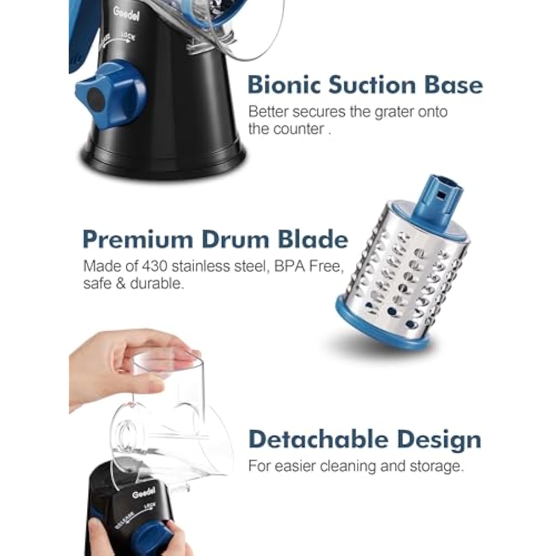 Geedel Rotary Cheese Grater, Vegetable Slicer with 3 Drum Blades, Grater for Kitchen Faster and Easy Cutting, Rotary Drum Grater Ideal for Cheese, Cucumber, Carrot, Potato etc