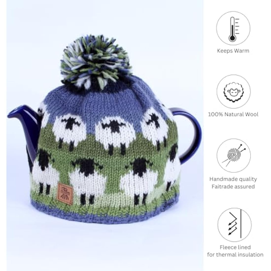 Pachamama Handknitted Medium 4-6 Cup 1.2L Wool Tea Cosy/Teapot Cover - Sheep Pattern Insulated Handmade Fair Trade Multicoloured
