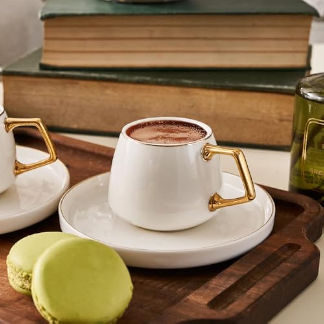 KARACA Saturn Gold Turkish Coffee Cup Set for 6 People, 12 Piece Espresso Cups with Saucers, Small Porcelain Modern Set for Serving Greek, Arabic Coffee (100ml)