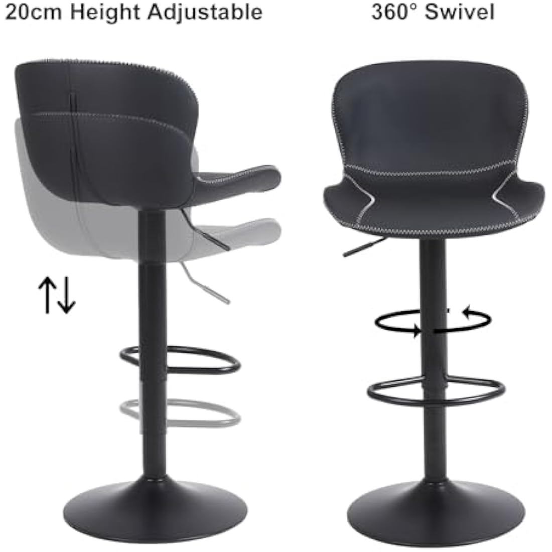 Youhauchair Bar Stools Set of 2, PU Leather Counter Height Barstools with Back, Height Adjustable Swivel Bar Chairs, Modern Armless Kitchen Island Stool, Black