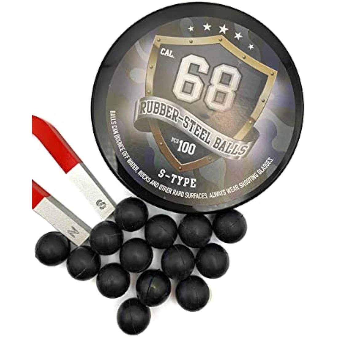 SSR 100 x S - Style Premium Quality Hard Rubber Steel Balls Paintballs Powerballs 7 gr. Heavy Ammo for Self and Home Defense Training Pistols in 68 Cal.