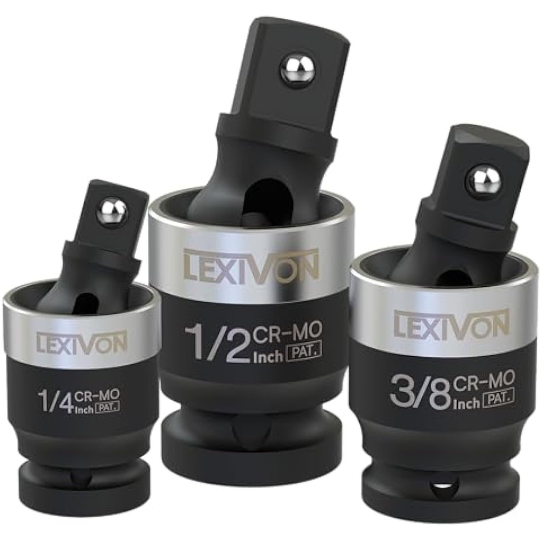 LEXIVON Impact Universal Joint - Patented Slim Design | 3-Piece 1/2", 3/8", and 1/4" Socket Swivel Set | Chrome-Molybdenum Steel Full Impact Grade (LX-113-S)