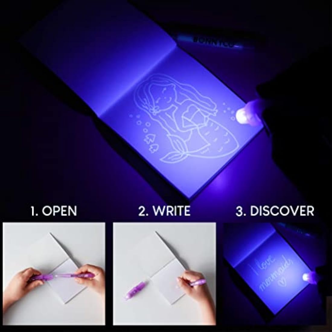 BONNYCO Invisible Ink Pen and Notebook, Pack 8 Mermaid Party Bags Filler & Pinata Toys | Mermaid Birthday Decorations | Stocking Fillers for Kids Birthday | School Prizes & Gifts for Children