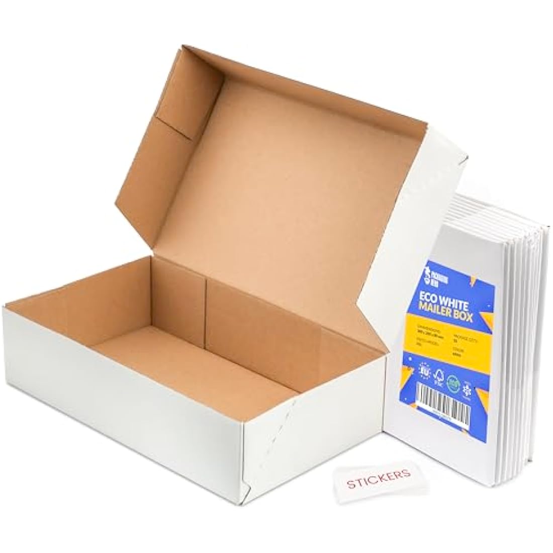 Packaging Hero 30 x 20 X 10 cm (aprox. 12" x 8" x 4") White Corrugated Cardboard Mailing Boxes, gift boxes, e-commerce box with free clear round stickers (9 pack)
