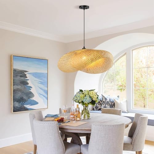 Schindora Creativity Hanging Lights,Handwoven Hat Bamboo Light Shade Retro Ceiling Pendant Light 100Cm Vintage Ceiling Lights for Kitchen Dining Room Living Room Restaurant,Light Straw