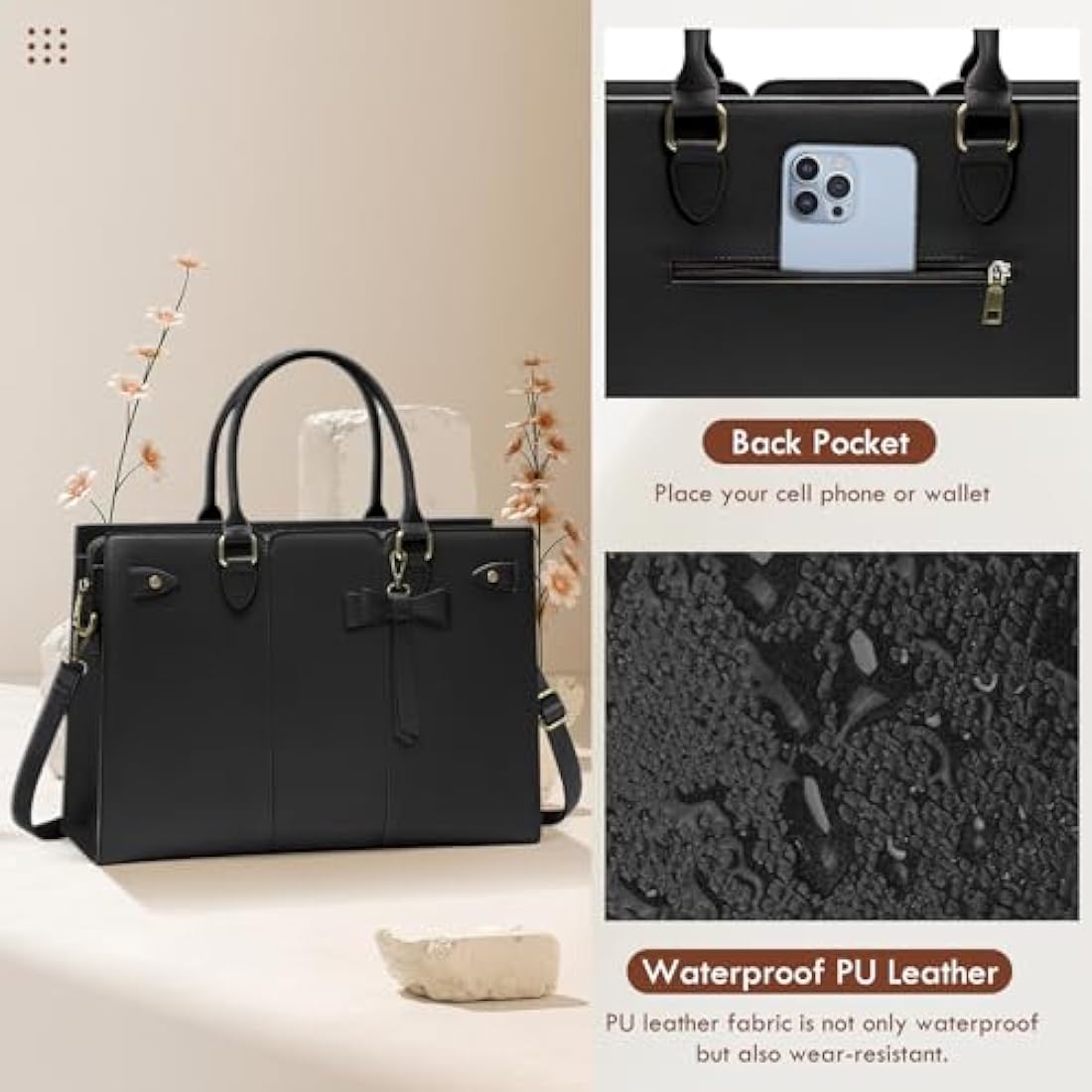 RAINSMORE Laptop Bags for Women PU Leather Work Bags for Women Tote Bag Large Handbag Shoulder Bag for Office Bussiness 15.6 Inch Black
