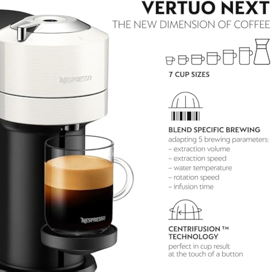 Nespresso Vertuo Next Coffee Machine by De'Longhi with Aeroccino Milk Frother, Over 30 Varieties of Pods, 6 Coffee Cup Sizes, Latte, Cappuccino, Starter Capsule Set Included, EN120.WAE, White