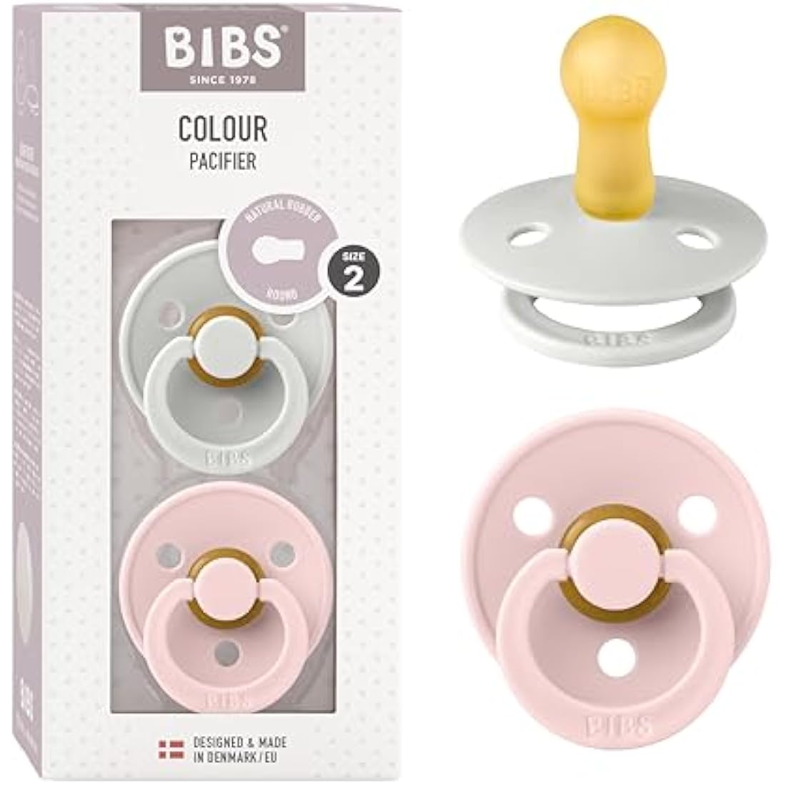 BIBS Colour Soother 2-Pack, BPA Free Dummy Pacifier, Round Nipple. Natural Rubber Latex, Size 2 (6-18 Months), Haze/Blossom