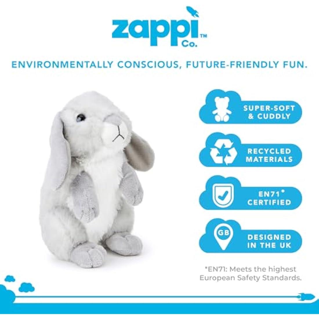 Zappi Co Easter Bunny Plush Toy: Eco-Friendly Grey Rabbit with Floppy Ears, 20cm, Soft & Snuggly, Made from 100% Recycled Materials - Perfect for Easter