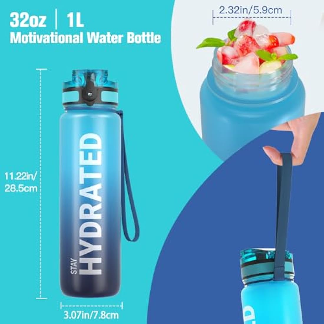 Sahara Sailor Leakproof Water Bottle 1L/500ML/750ML, Tritan BPA Free Motivational Sport Drinks Bottle with Clear Time Marker, Lock Cover, Easy Clean Brush, Durable for Gym, School, Cycling (1 Bottle)