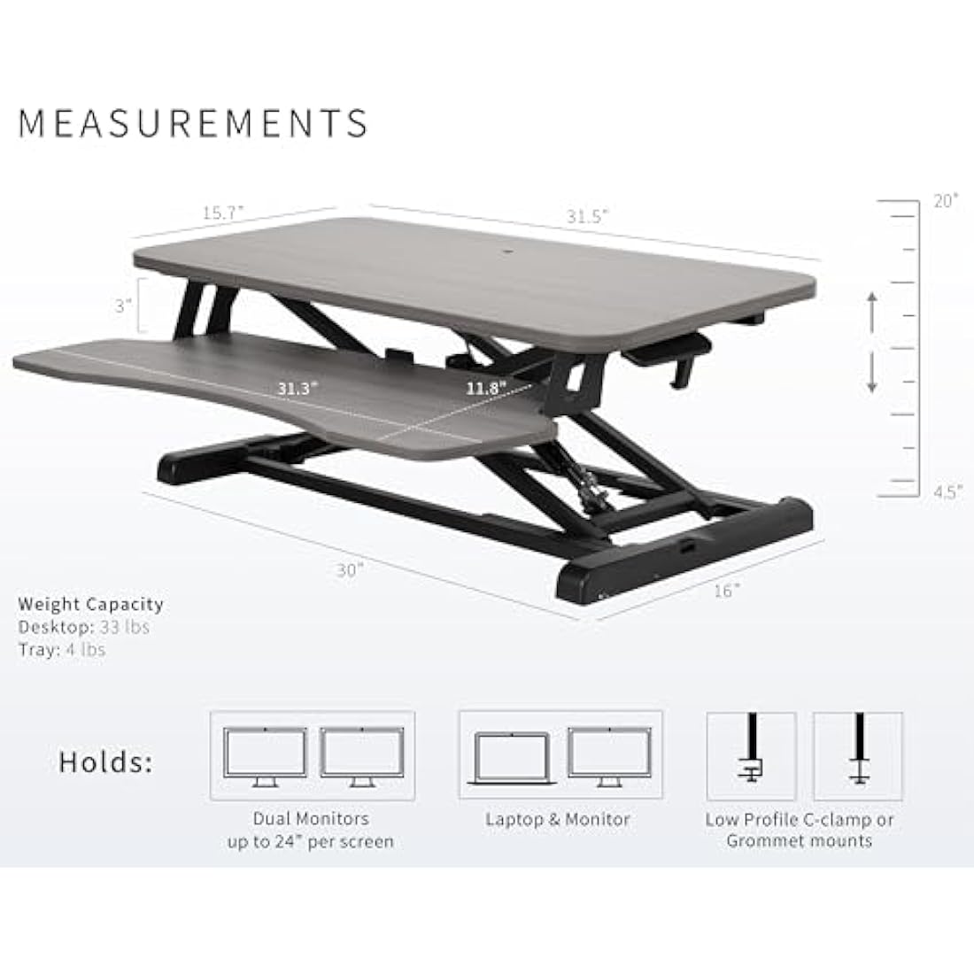 VIVO 81 cm Desk Converter, K Series, Height Adjustable Sit to Stand Riser, Dual Monitor and Laptop Workstation with Wide Keyboard Tray, Gray Top, Black Frame, DESK-V000KG