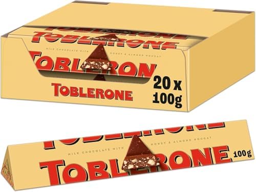 Toblerone Milk Chocolate Bar Multipack, Swiss Chocolate with Honey and Almond Nougat, 20 x 100 g Bar Per Box (1 Box Total)